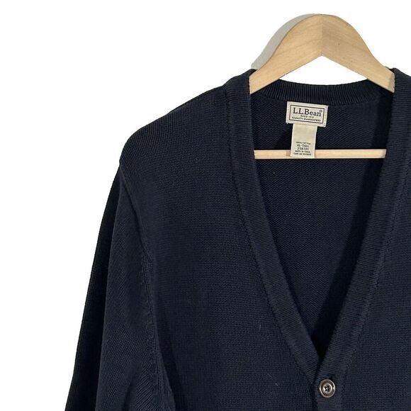LL Bean Mens Cardigan Sweater Size XL Tall Navy Blue Pockets V-Neck Cotton - Picture 2 of 5